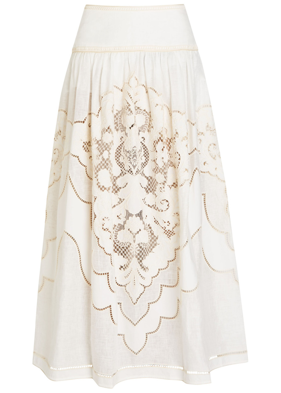 Zimmermann Daylight Embroidered Linen Maxi Skirt In White