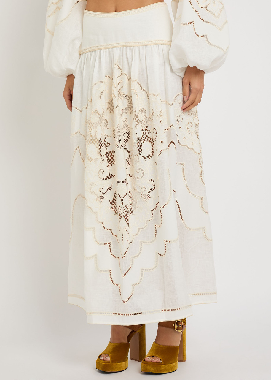 Zimmermann Daylight Embroidered Linen Maxi Skirt In White