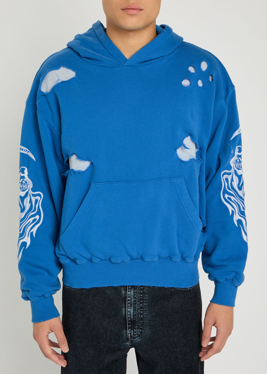 Warren Lotas Serenity Reaper Distressed Detailed Hooded Cotton Sweatshirt In Blue