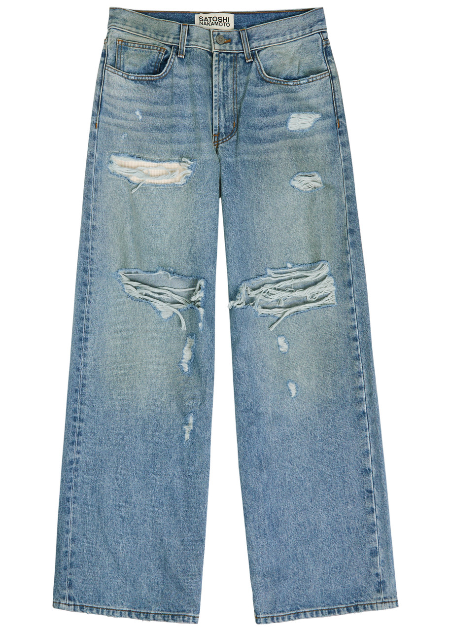 Satoshi Nakamoto Blessed To Be Stressed Distressed Wide-leg Jeans - Blue - L