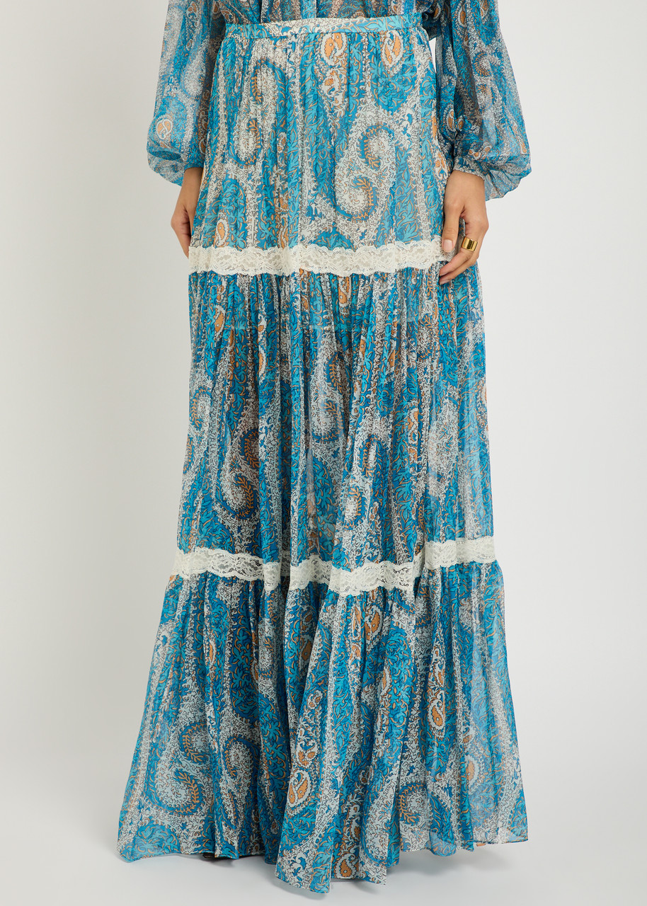 Etro Patterned Silk Maxi Skirt In Blue