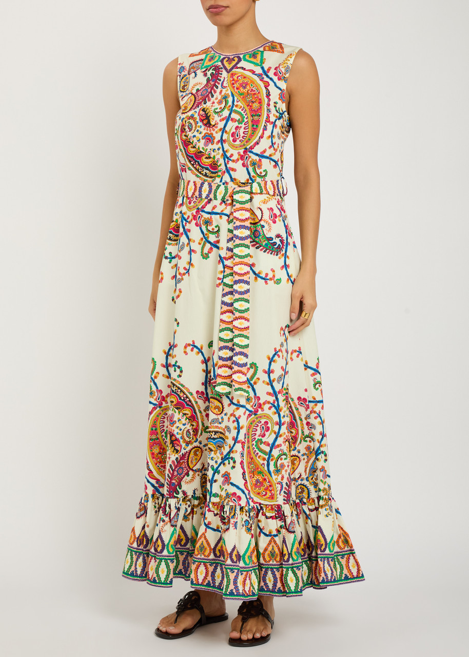 Etro Patterned Belted Cotton Maxi Dress In Multi
