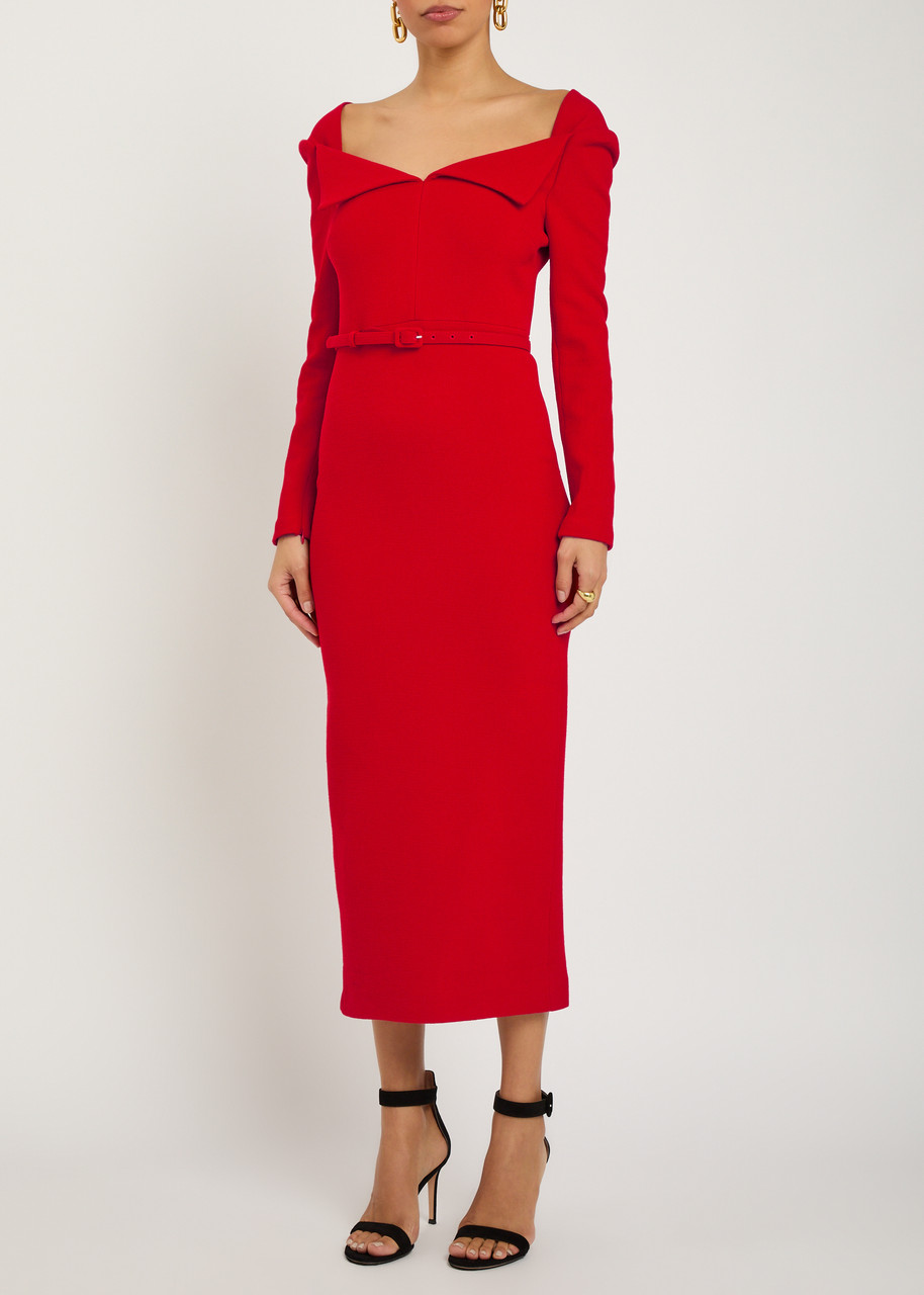 Roland Mouret Belted Wool Midi Dress In Red