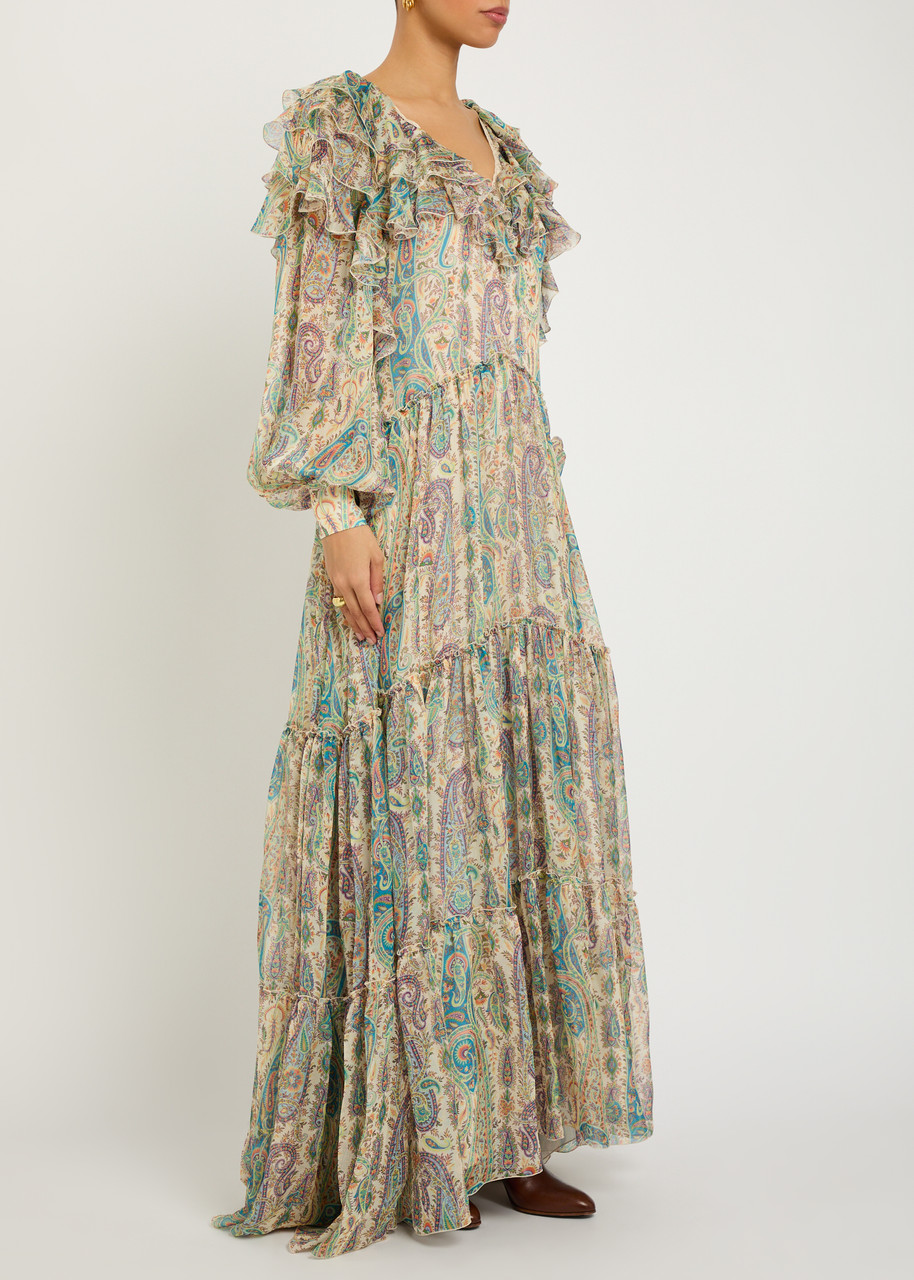 Etro Patterned Ruffled Silk Maxi Dress In Multi