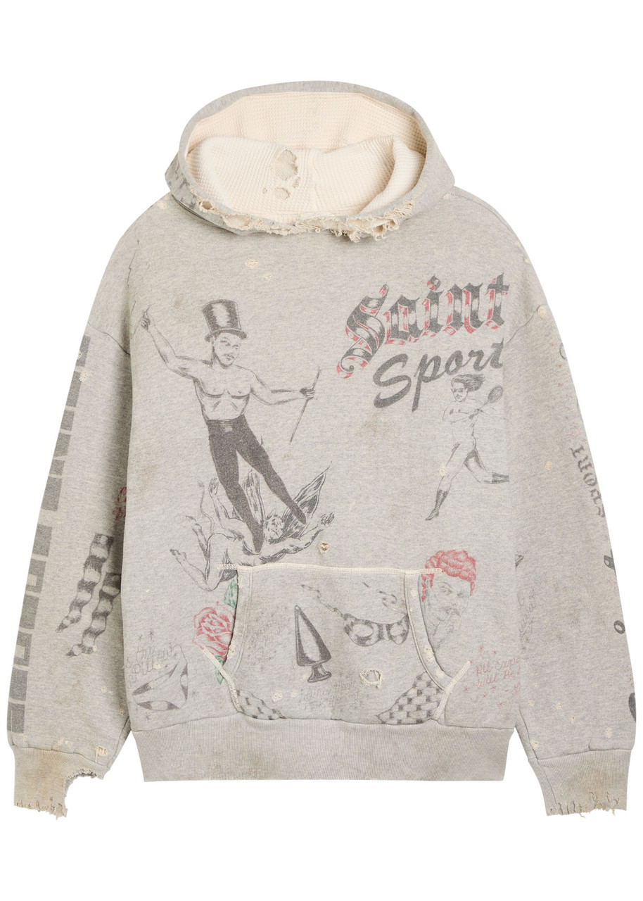 Saint Mxxxxxx X Alexis Drawing Distressed Hooded Cotton Sweatshirt - Grey - S