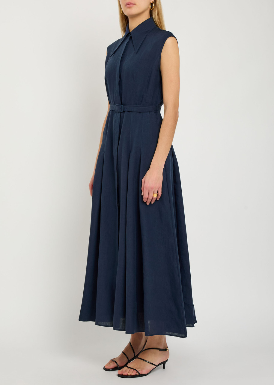 Gabriela Hearst Durand Pleated Maxi Shirtdress In Linen In Blue