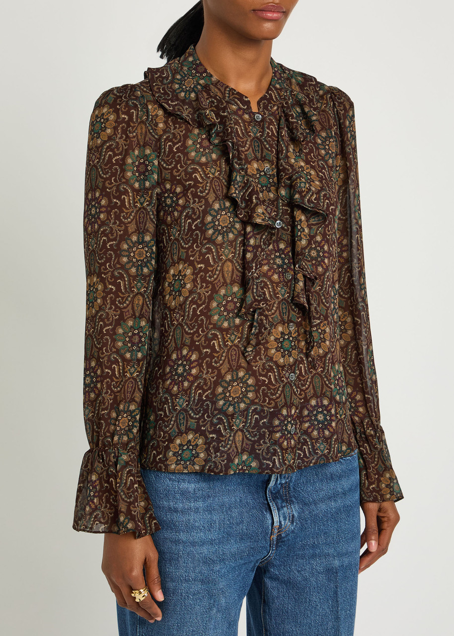  Paige Claud Patterned Silk Blouse - Dark Brown - M (uk12 / M) 