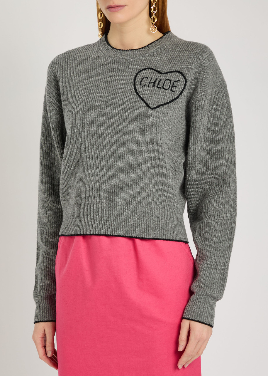 Chloé Chloe Logo Embroidered Wool And Cashmere-blend Jumper In Gray