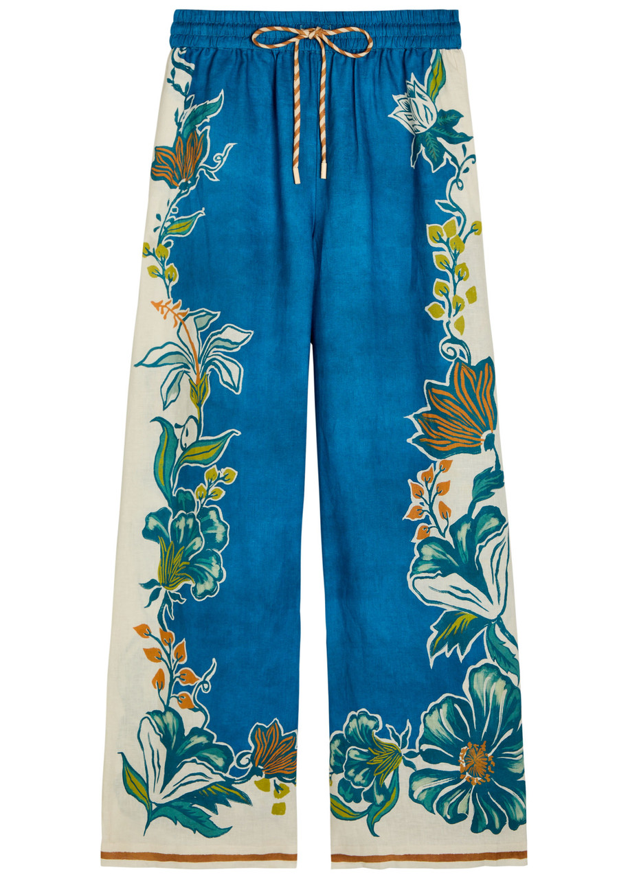 Alemais Luca Floral-print Wide-leg Linen Trousers In Blue