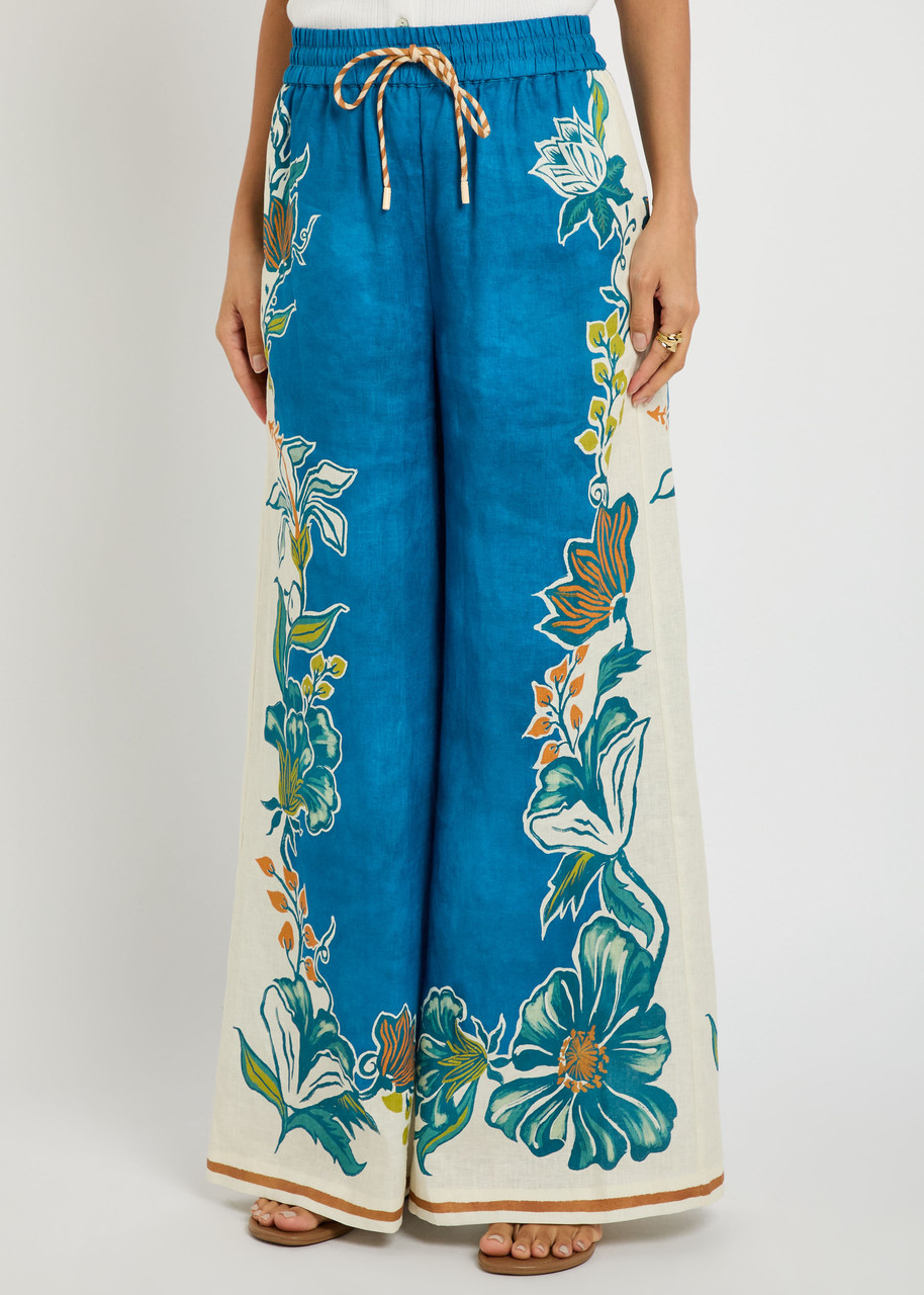 Alemais Luca Floral-print Wide-leg Linen Trousers In Blue