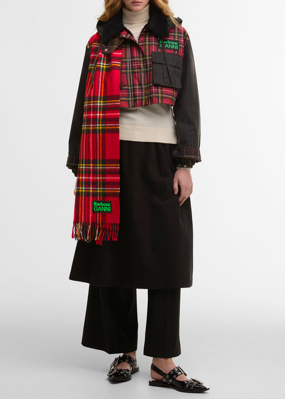 Barbour X Ganni Tartan Fringed Wool Scarf In Red