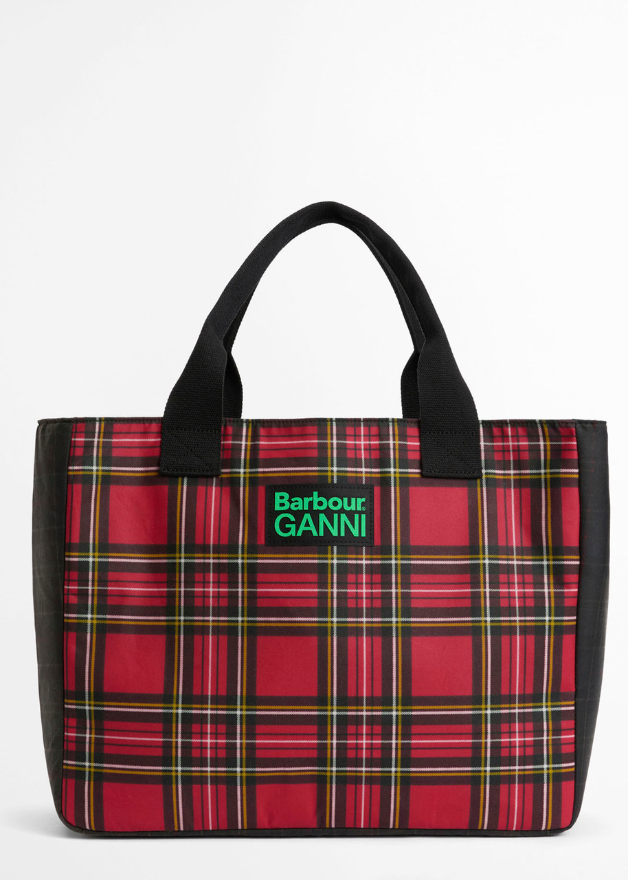 Barbour X Ganni Logo-embroidered Tartan Waxed Cotton Tote In Red
