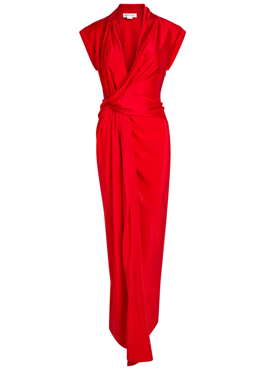Victoria Beckham Twist Asymmetric Silk and Stretch-jersey Maxi Dress - Red - 6 (UK6 / XS)