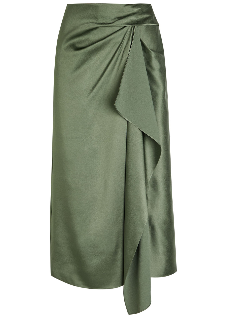 Erdem Draped Satin Midi Skirt – Khaki – 10 (UK10 / S)