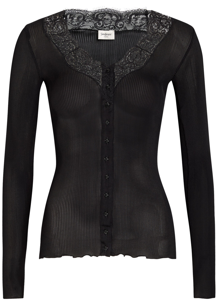 Saint Laurent Lace-trim Ribbed Silk Cardigan In Black