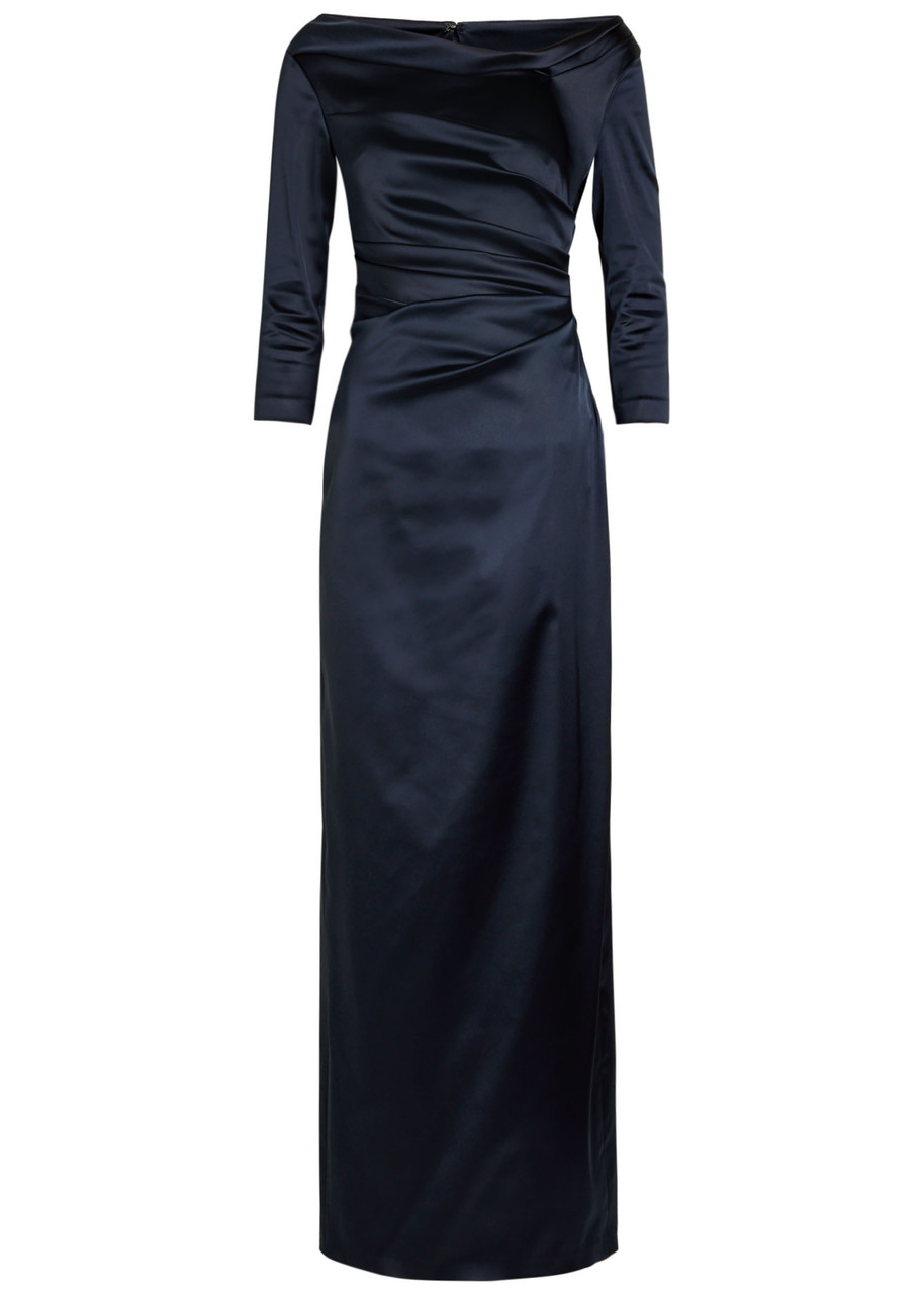 Talbot Runhof Gathered Satin Maxi Dress - Navy - 34 (UK8 / S)