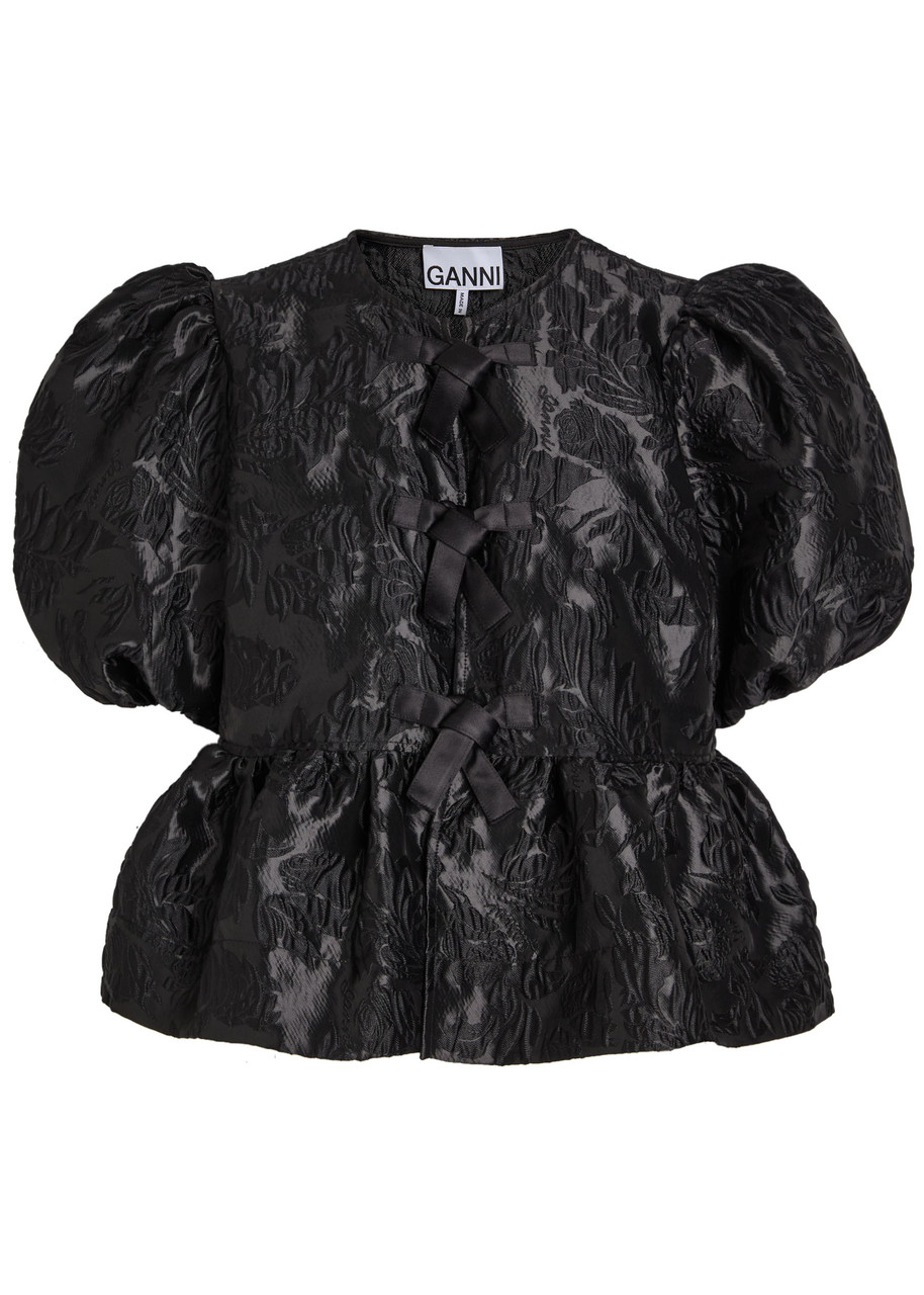 Ganni Floral Peplum Satin Cloqué Blouse - Black - 36 (UK8 / S)