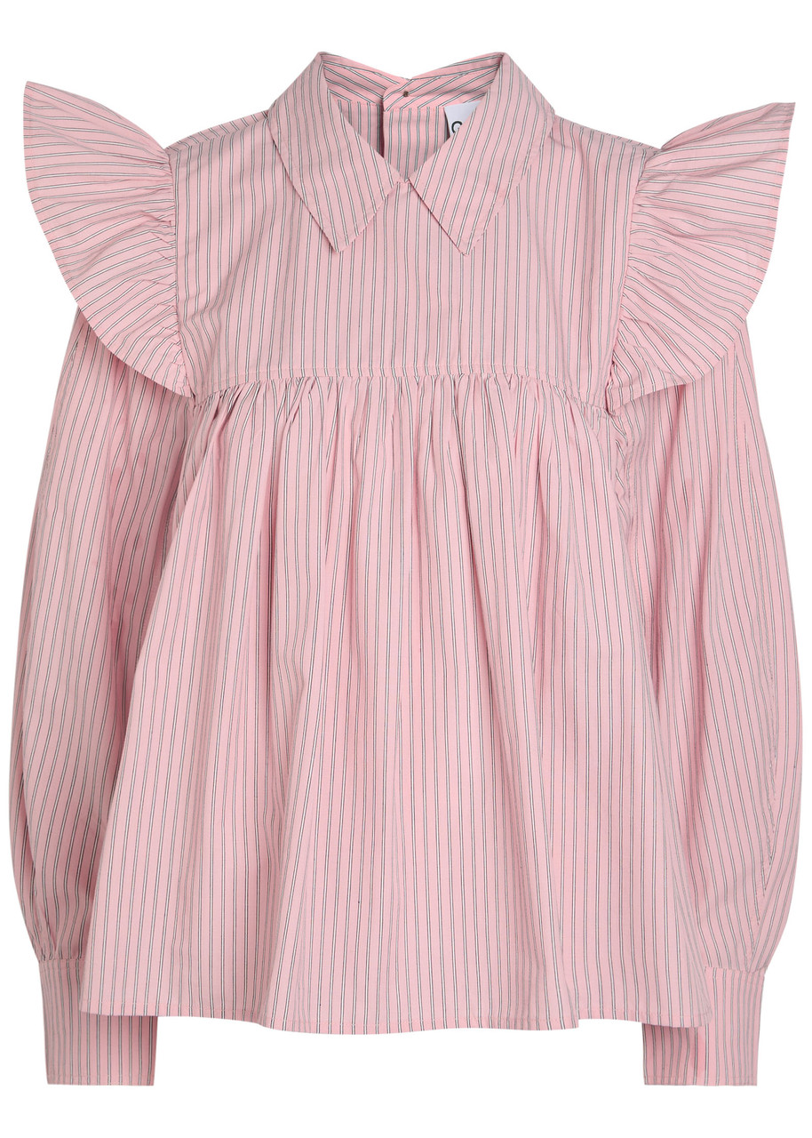 Ganni Striped Ruffle Cotton-poplin Blouse - Light Pink - 38 (UK10 / S)