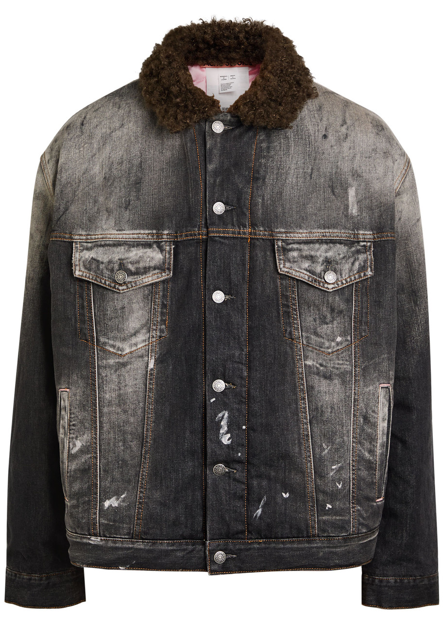 Acne Studios Washed Paint Splattered Faux Shearling Denim Jacket – Black – S/M S/M Acne Studios Washed Paint Splattered Faux Shearling Denim Jacket – Black – S/M S/M