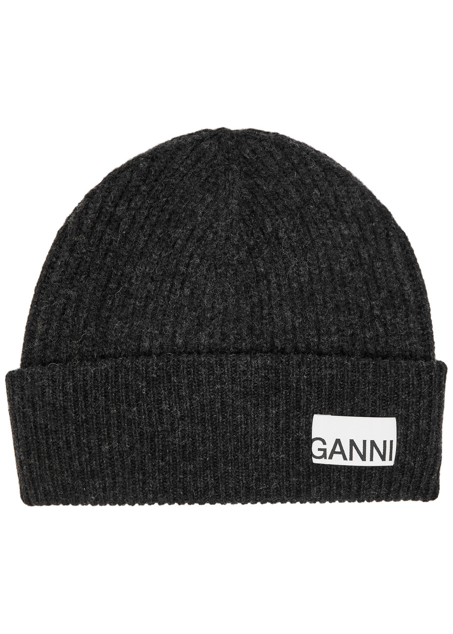 Ganni Ribbed Wool-blend Beanie In Gray