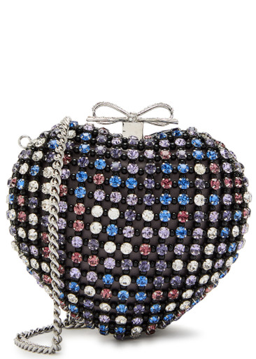 SELF-PORTRAIT Heart crystal-embellished satin clutch | Harvey Nichols