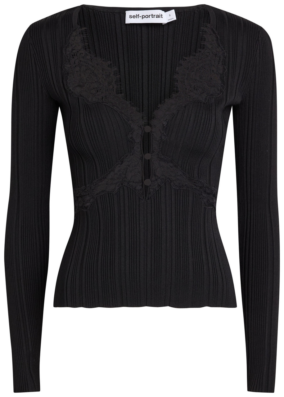 Self-portrait Ribbed Lace-trim Stretch-knit top - Black - M (UK12 / M)
