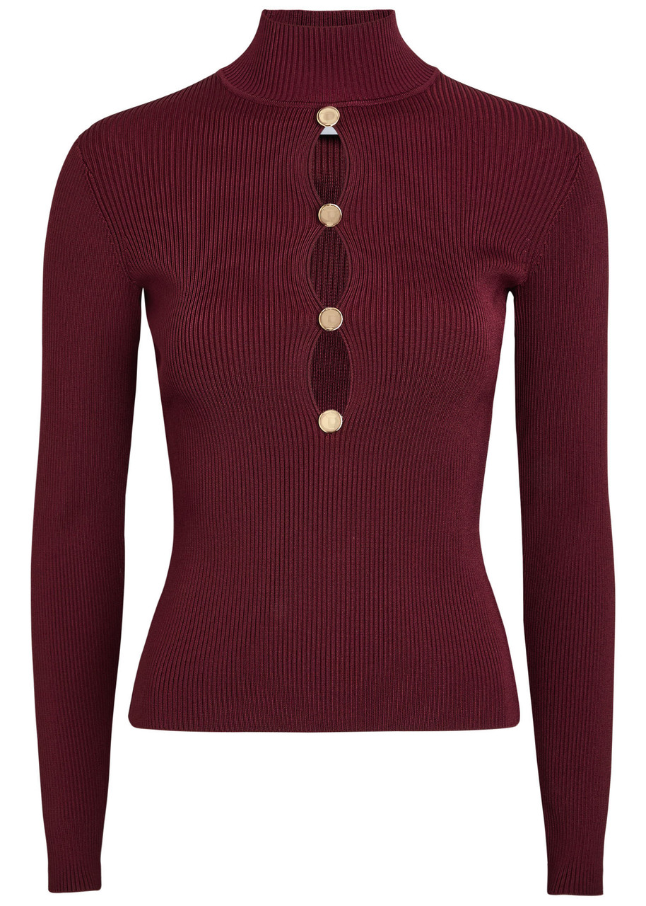 Self-portrait Keyhole Ribbed Stretch-knit top - Burgundy - XS (UK6 / XS)