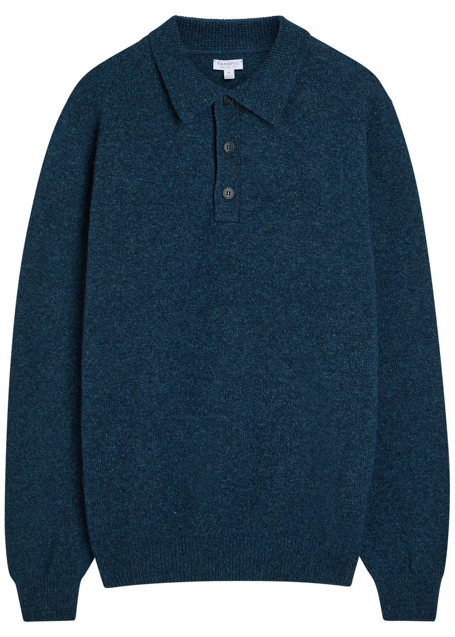 Sunspel Melang Wool Polo Jumper - Navy