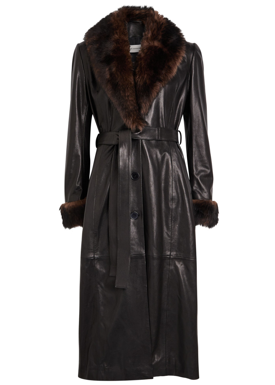 Nour Hammour Baez Fur-trim Leather Trench Coat - Black - 40 (UK12 / M)