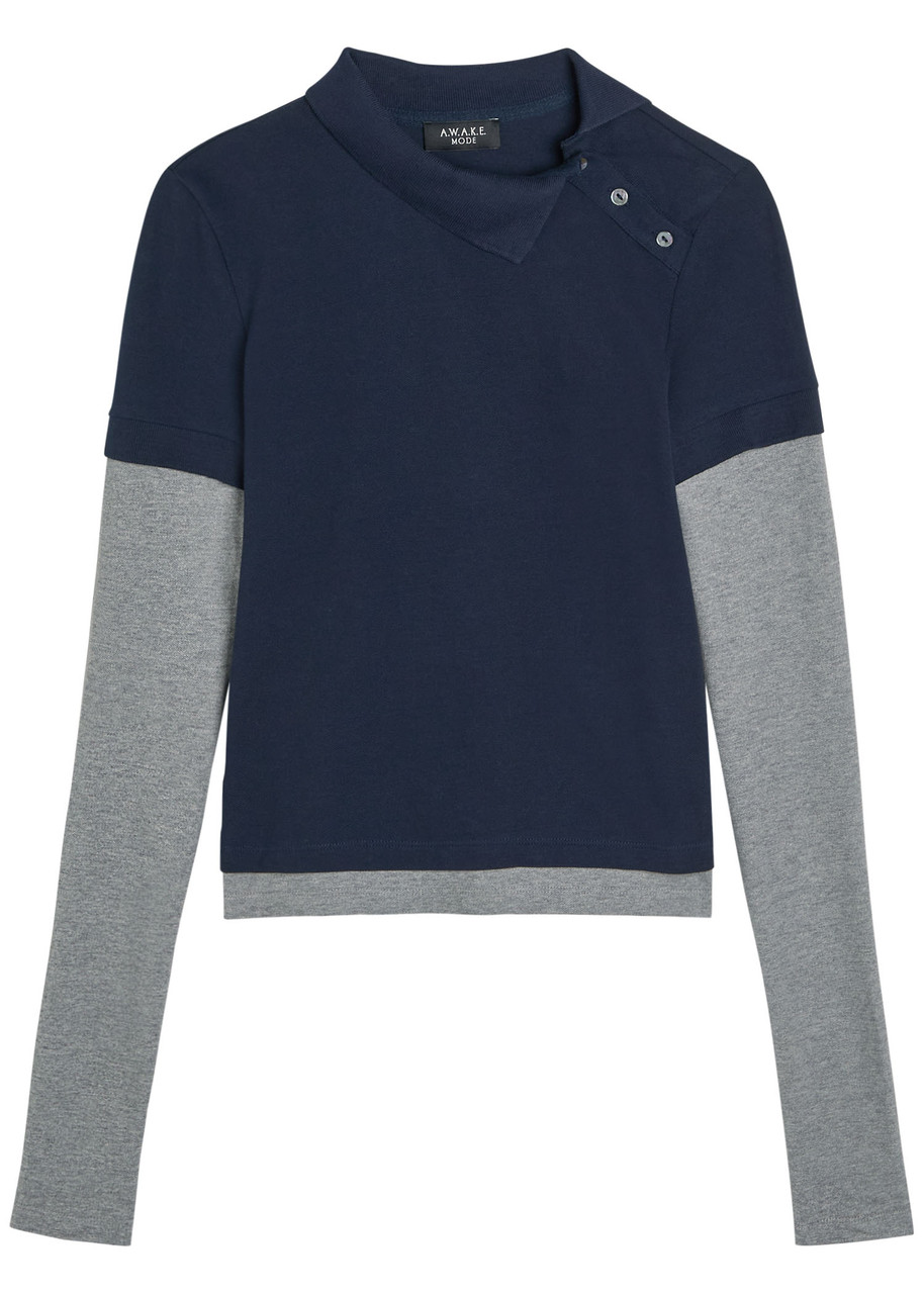 A.W.A.K.E Mode Asymmetric-collar Layered Piqué Cotton Polo Shirt - Navy - XL (UK16 / XL)