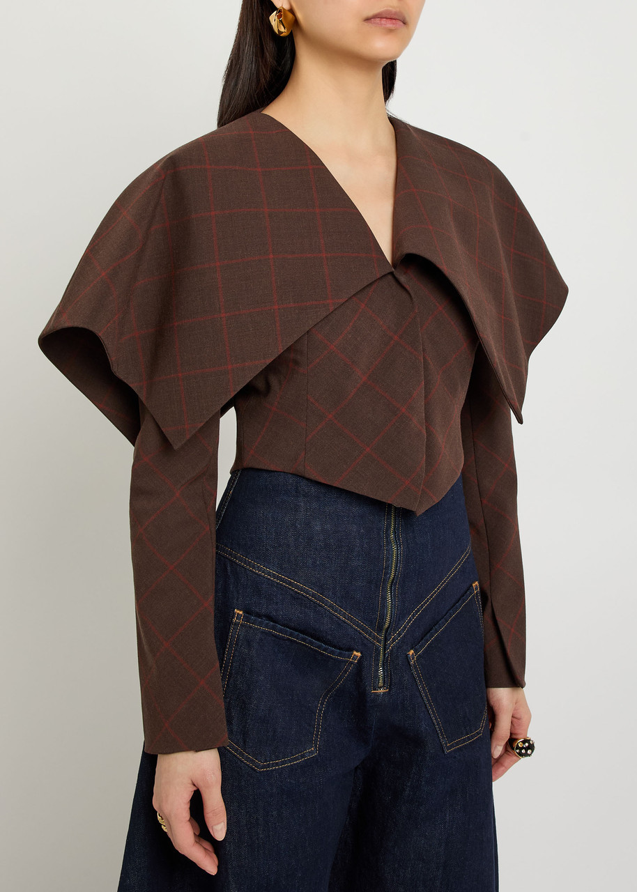  A.w.a.k.e Mode Oversized-collar Checked Cropped Jacket - Brown - 42 (uk14 / L) 