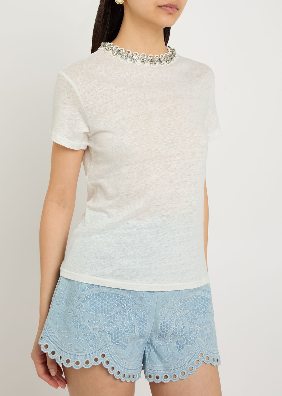  Zimmermann Embellished Slubbed Linen T-shirt - Ivory - 2 (uk 12 / M) 