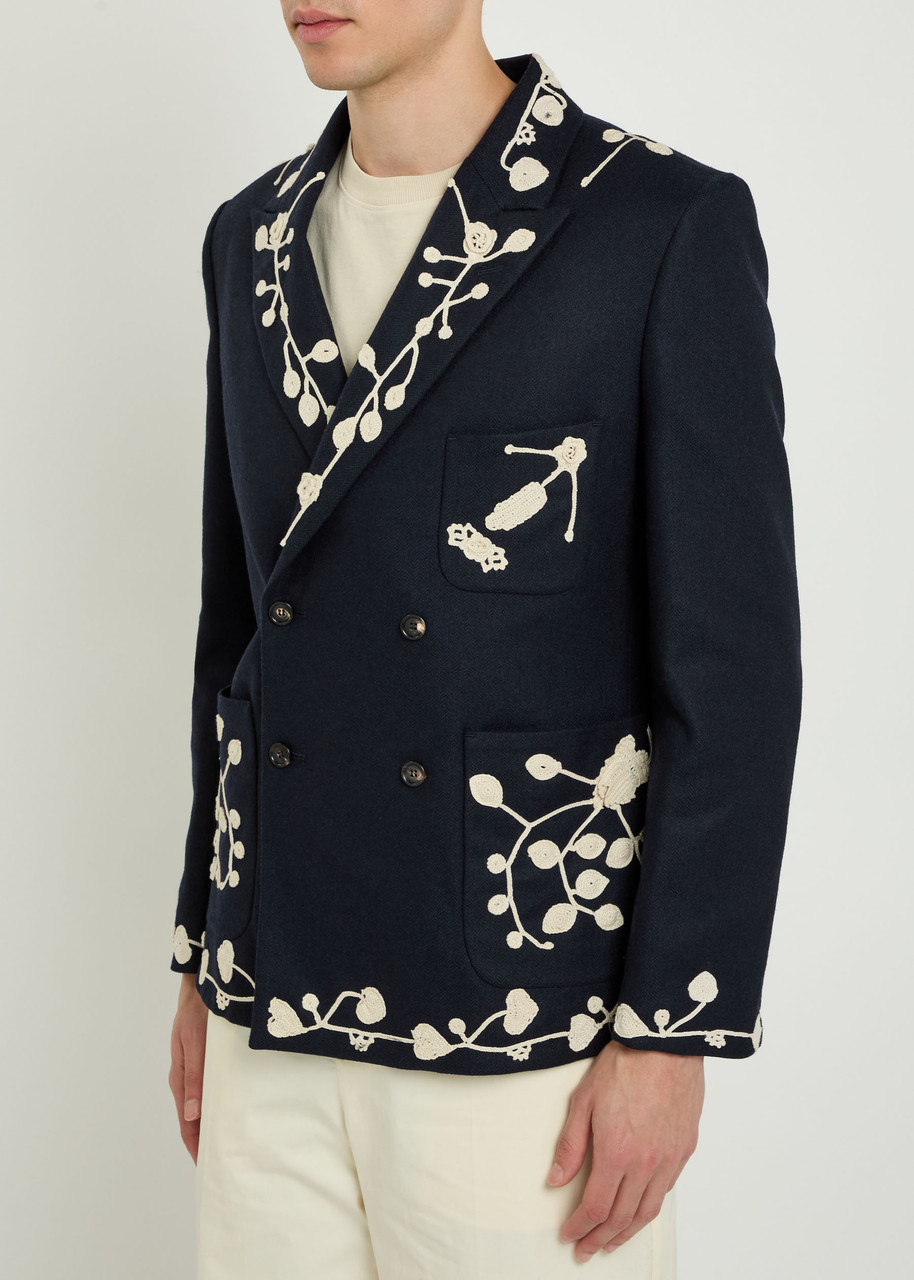  Bode Snowdrop Embroidered Wool-blend Blazer - Navy - L 