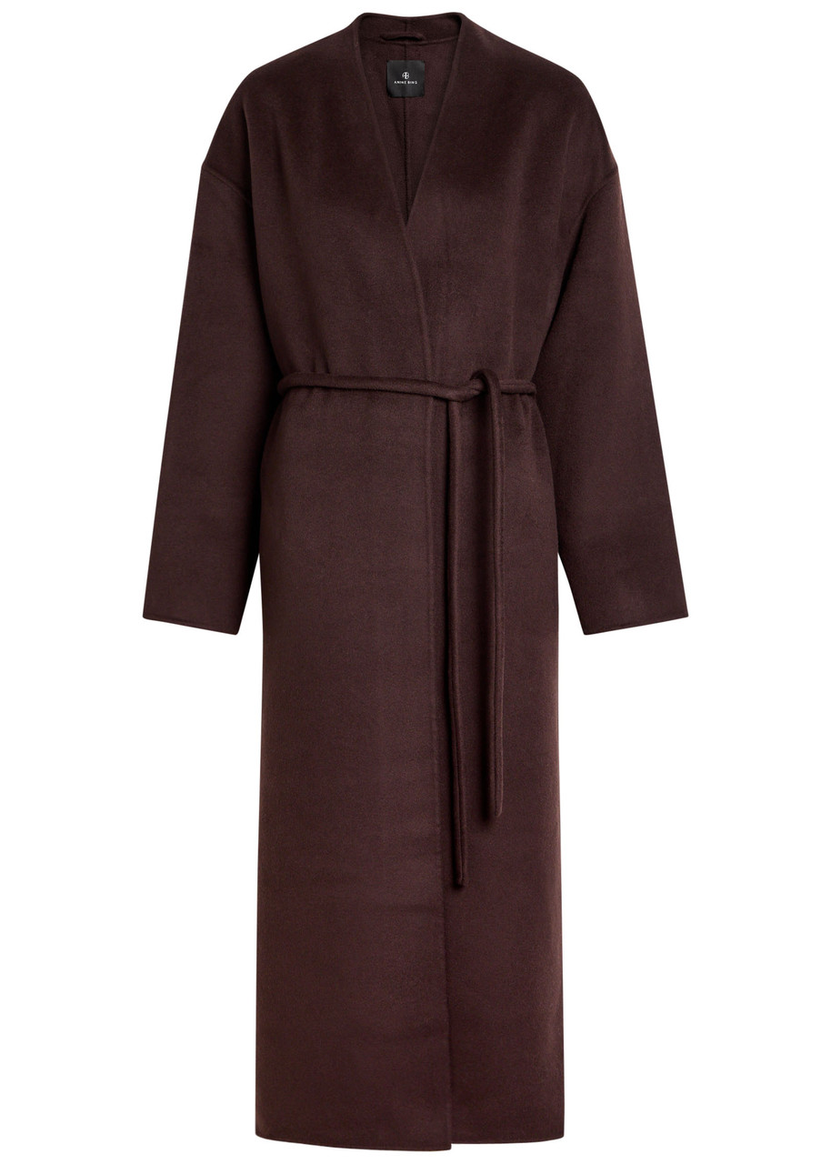 Anine Bing Hunter Belted Wool and Cashmere-blend Coat - Dark Brown - M (UK12 / M)