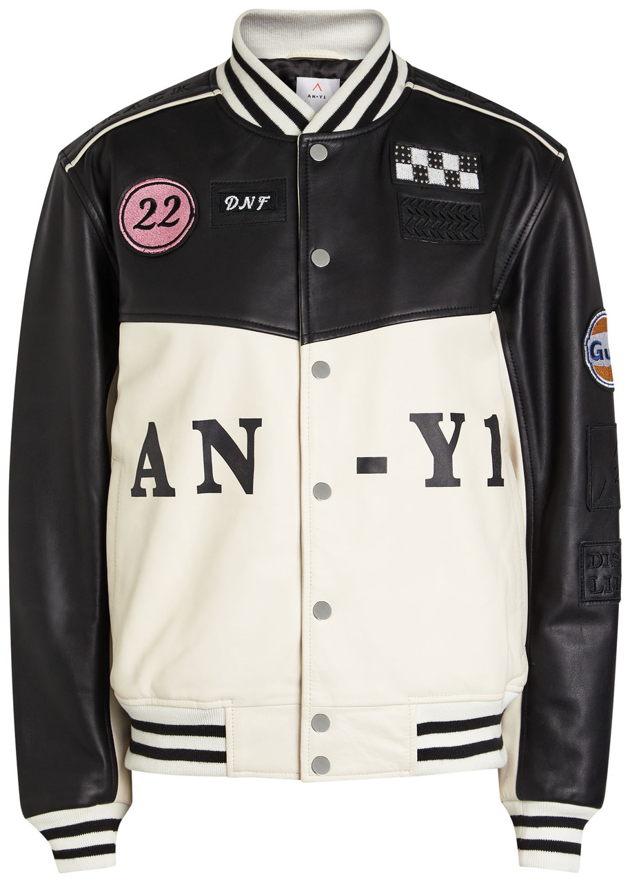 AN-Y1 Unisex Quilted Appliquéd Leather Jacket – Black And White – M (UK12 / M)