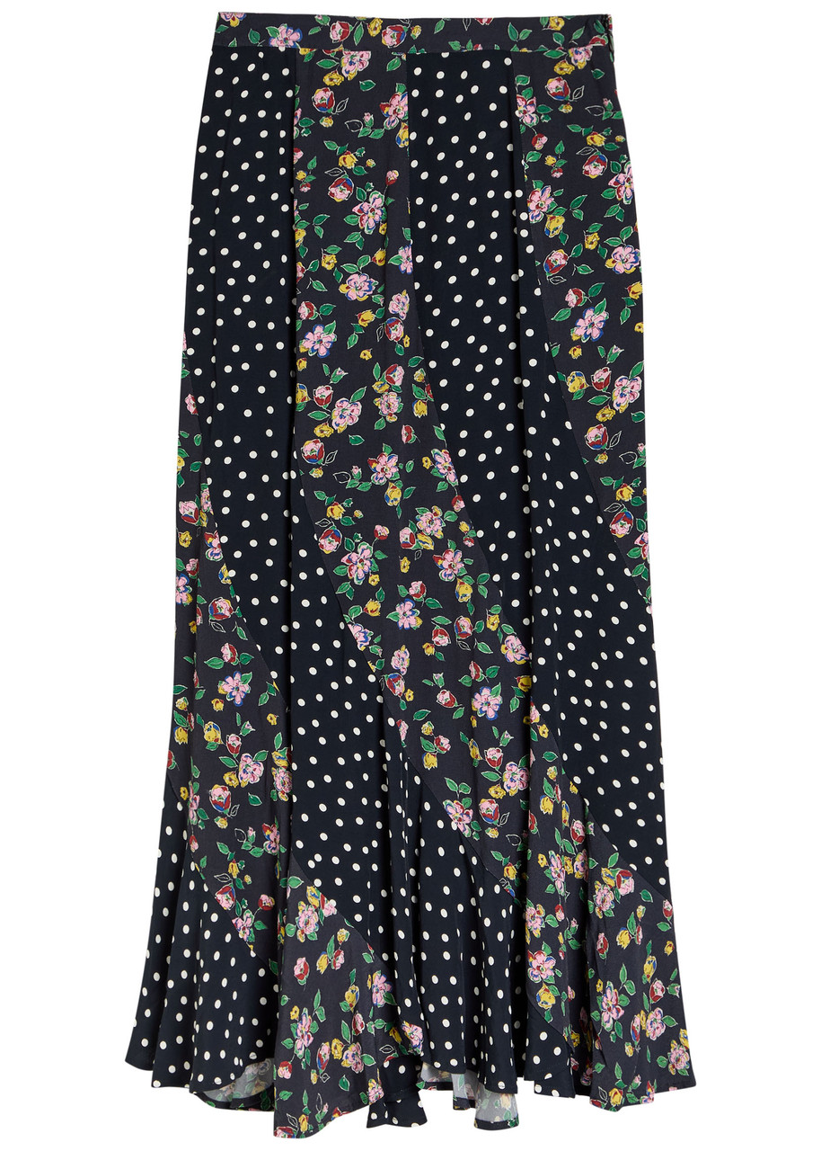 Rixo Gracella Panelled Polka dot and Floral Midi Skirt - Black - 16 (UK 16 / XL)