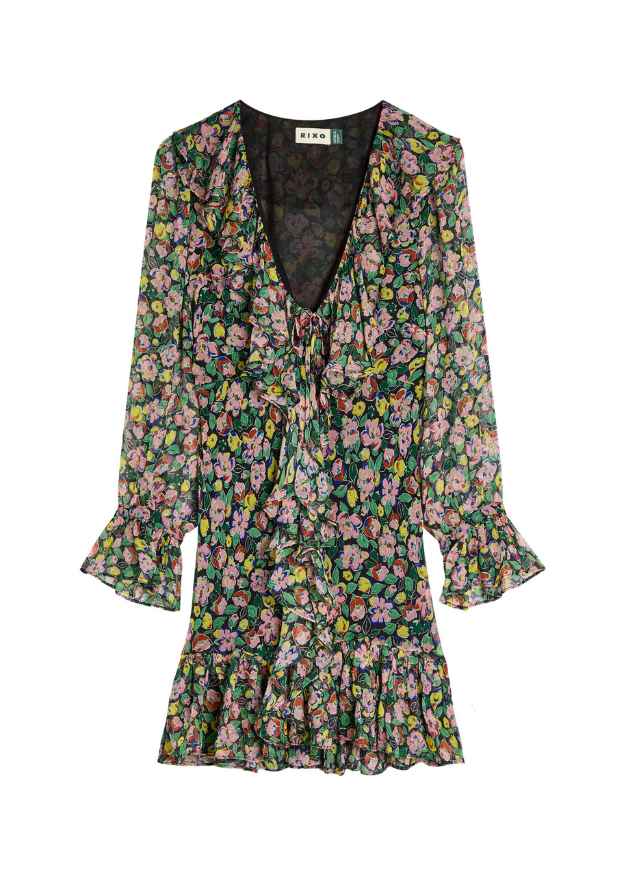 Rixo Shalyn Floral Chiffon Mini Dress - Black - 8 (UK8 / XS)