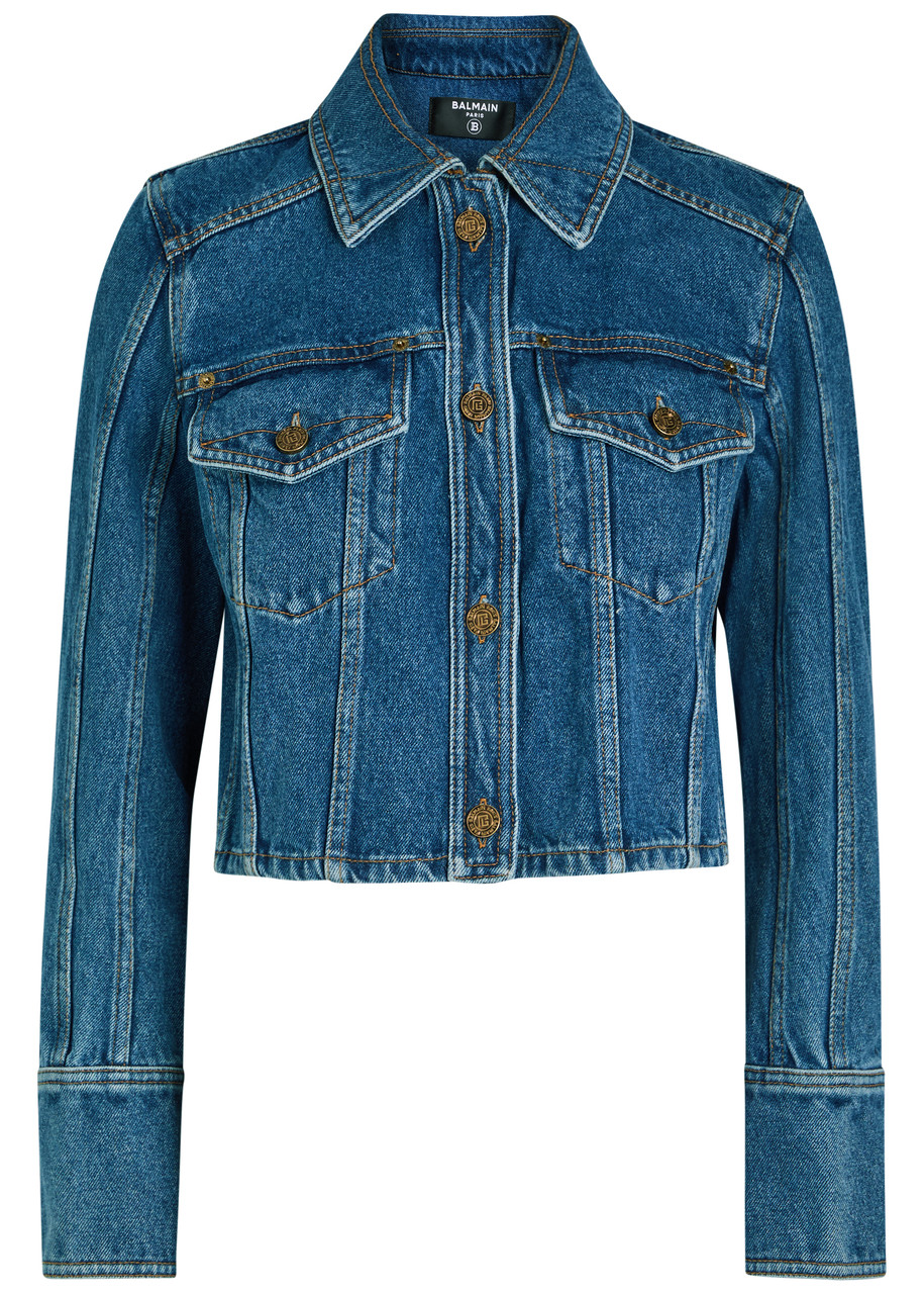 Balmain Cropped Denim Jacket - Dark Blue - 36 (UK8 / S)