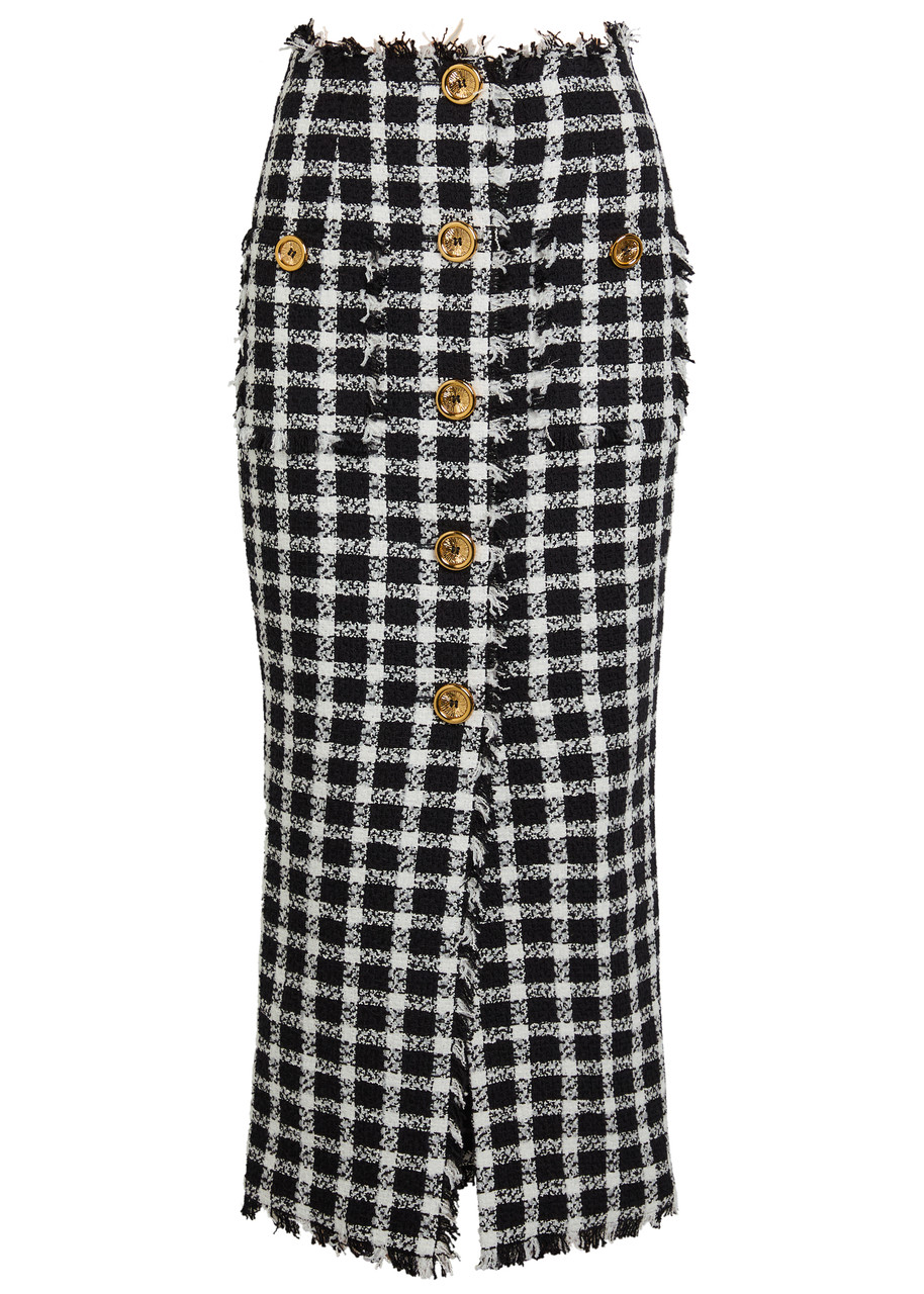 Balmain Checked Tweed Midi Skirt - Black And White - 38 (UK10 / S)