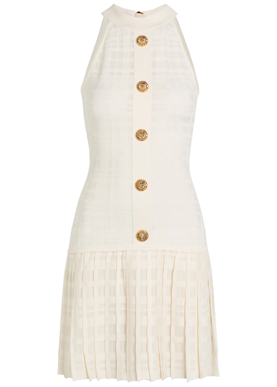 Balmain Checked Pleated Stretch-knit Mini Dress In Brown