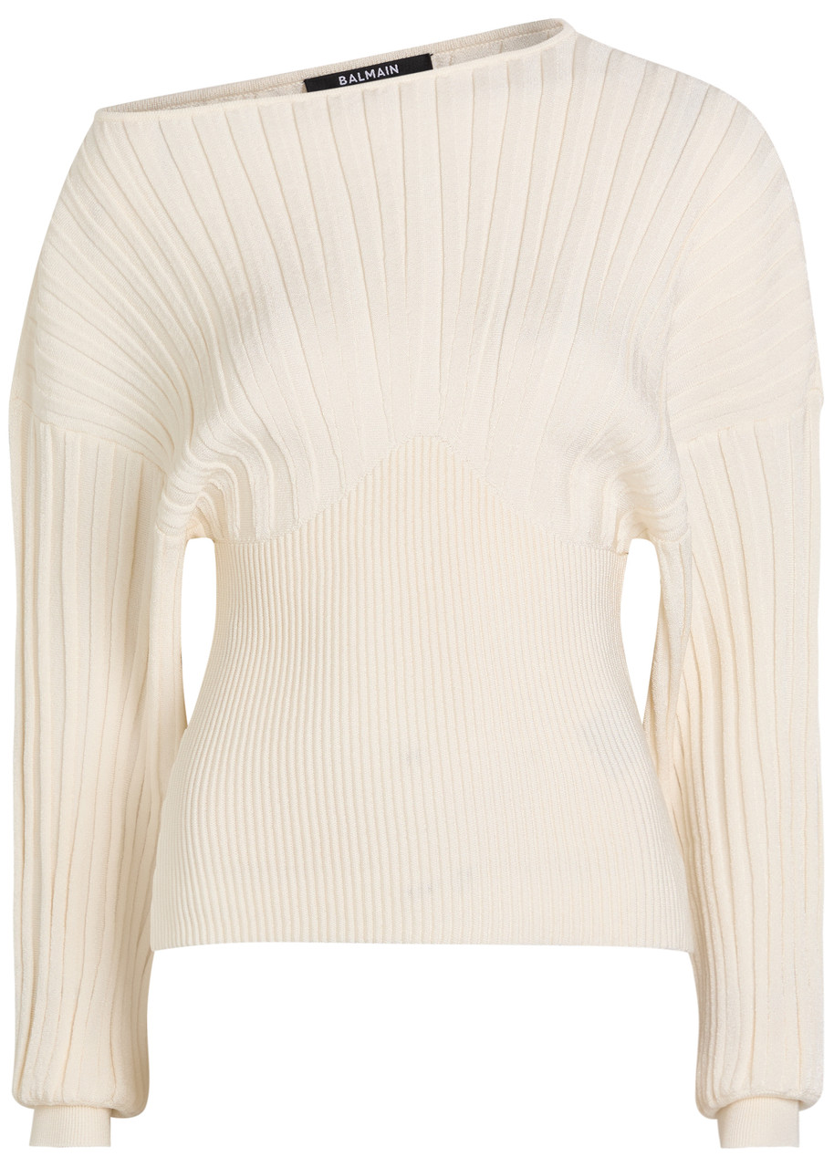 Balmain Ribbed Batwing Knit top - Natural - 34 (UK6 / XS)