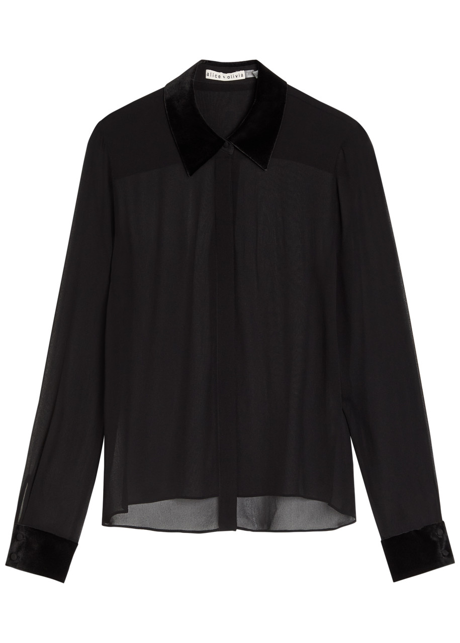 Alice + Olivia Willa Velvet-trim Semi-sheer Chiffon Shirt - Black - S (UK8-10 / S)