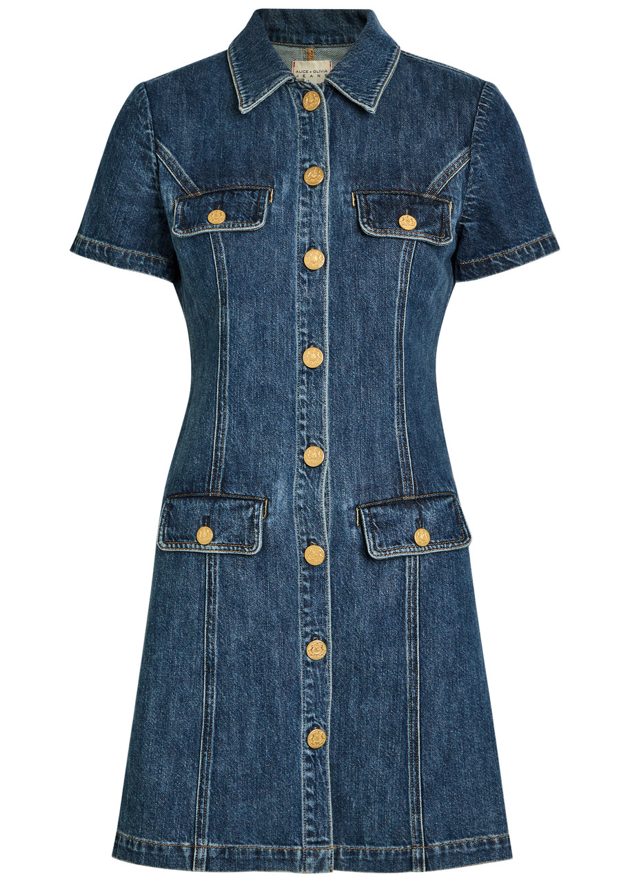 Alice + Olivia Jamie Collared Denim Mini Shirt Dress - 10 (UK14 / L)