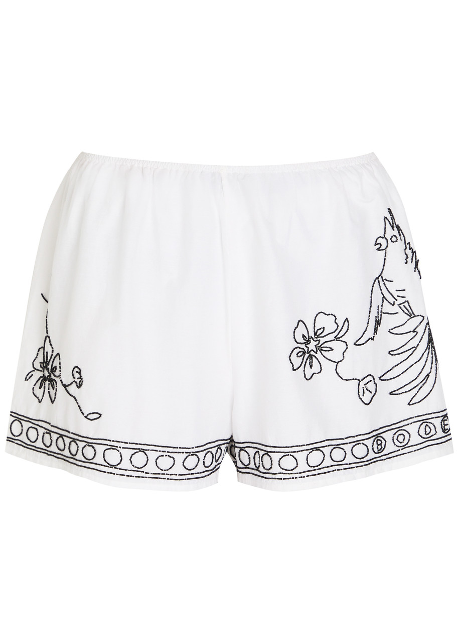 Bode Cockatoo Beaded Cotton and Silk-blend Shorts - White - L (UK14 / L)