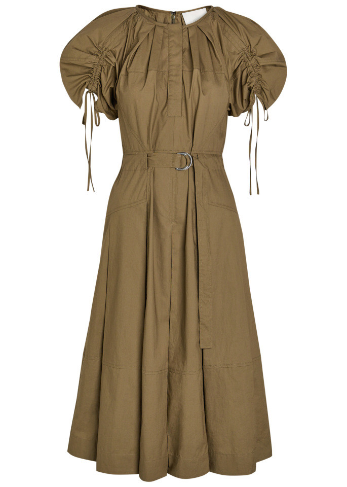 3.1 Phillip Lim Ruched Belted Cotton-poplin Midi Dress - Khaki - 4 (UK8 / S)