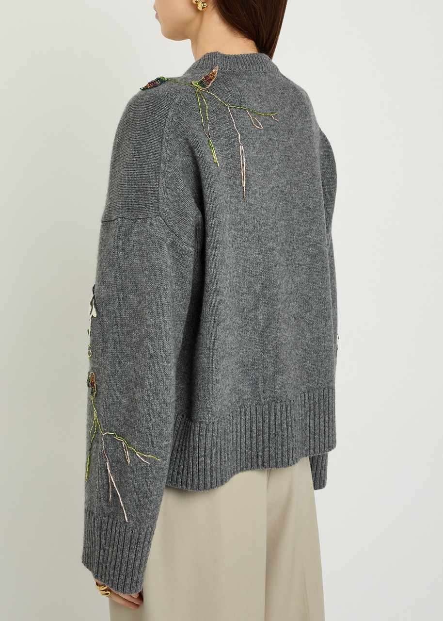  Simkhai Dawna Floral-embellished Wool-blend Jumper - Grey - L (uk14 / L) 