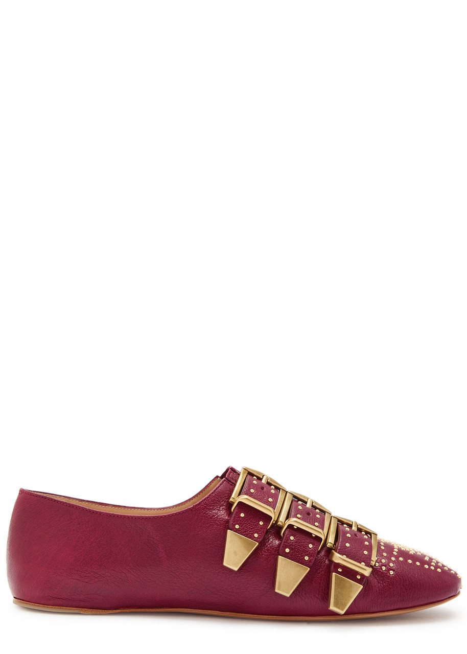 Chloe Susan Stud-embellished Grained Leather Flats - Burgundy - 37 (IT37 / UK4)