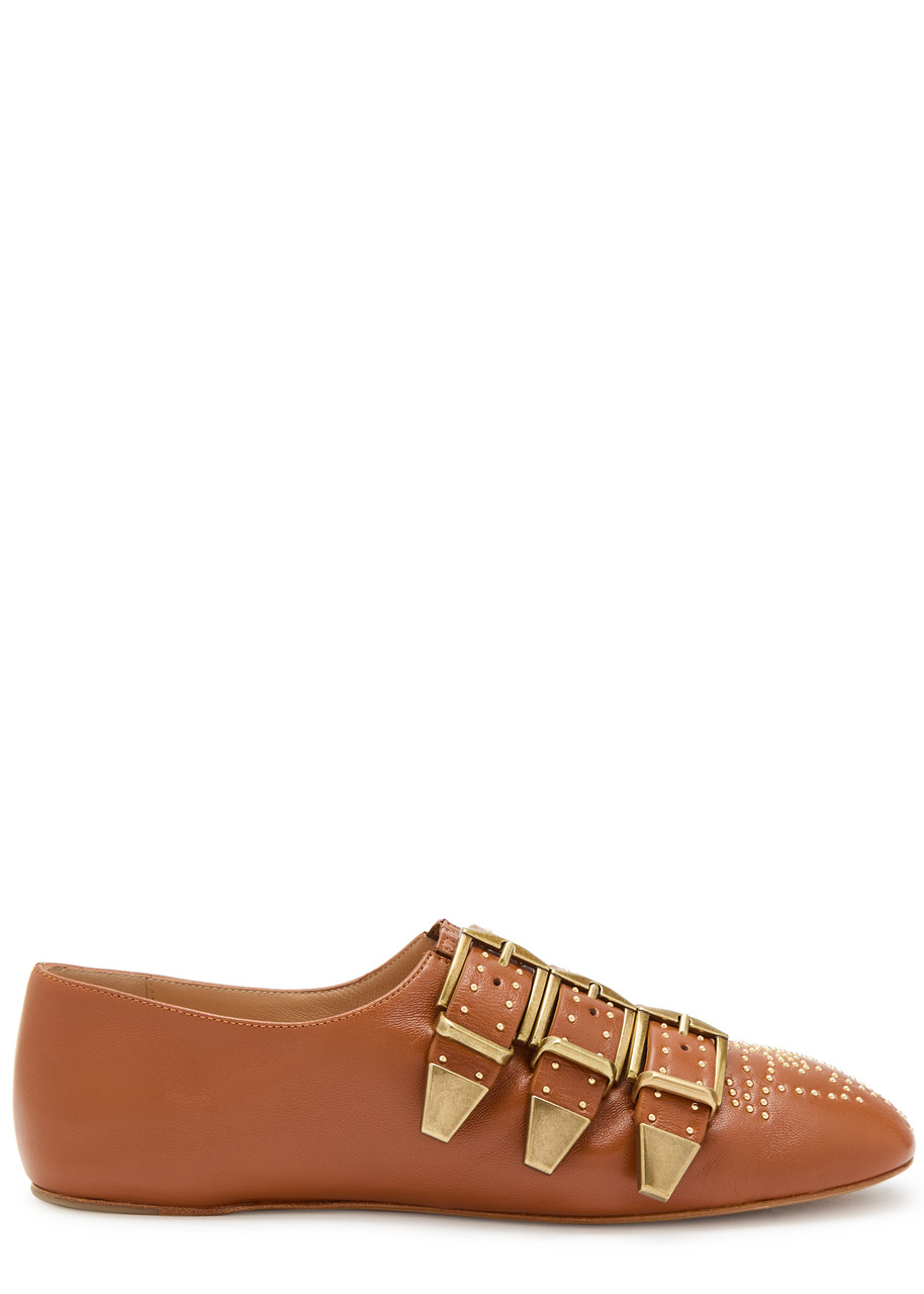 Chloe Susanna Stud-embellished Leather Flats - Tan - 41 (IT41 / UK8)