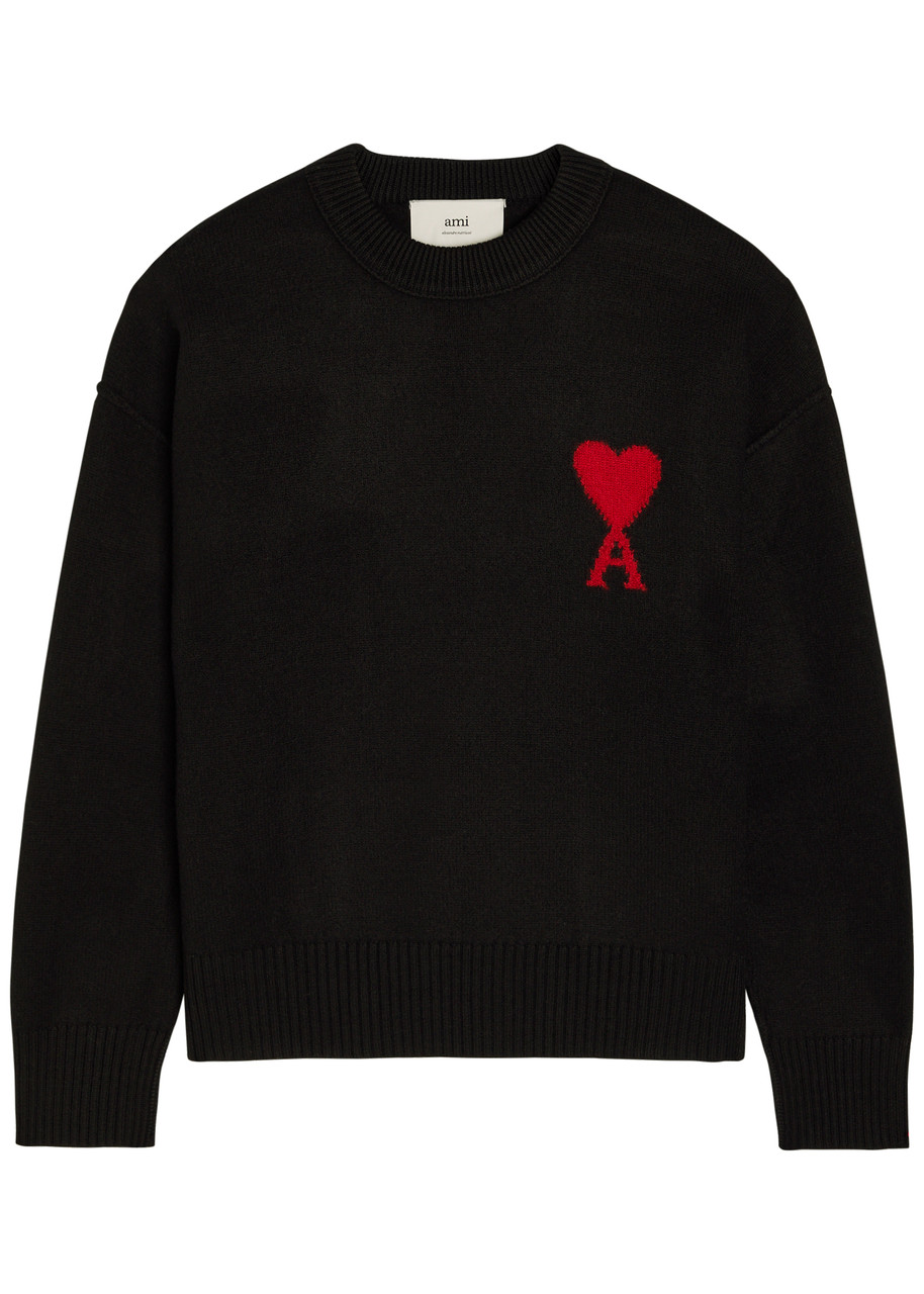 Ami Paris Logo-intarsia Wool Jumper – Black – S Ami Paris Logo-intarsia Wool Jumper – Black – S