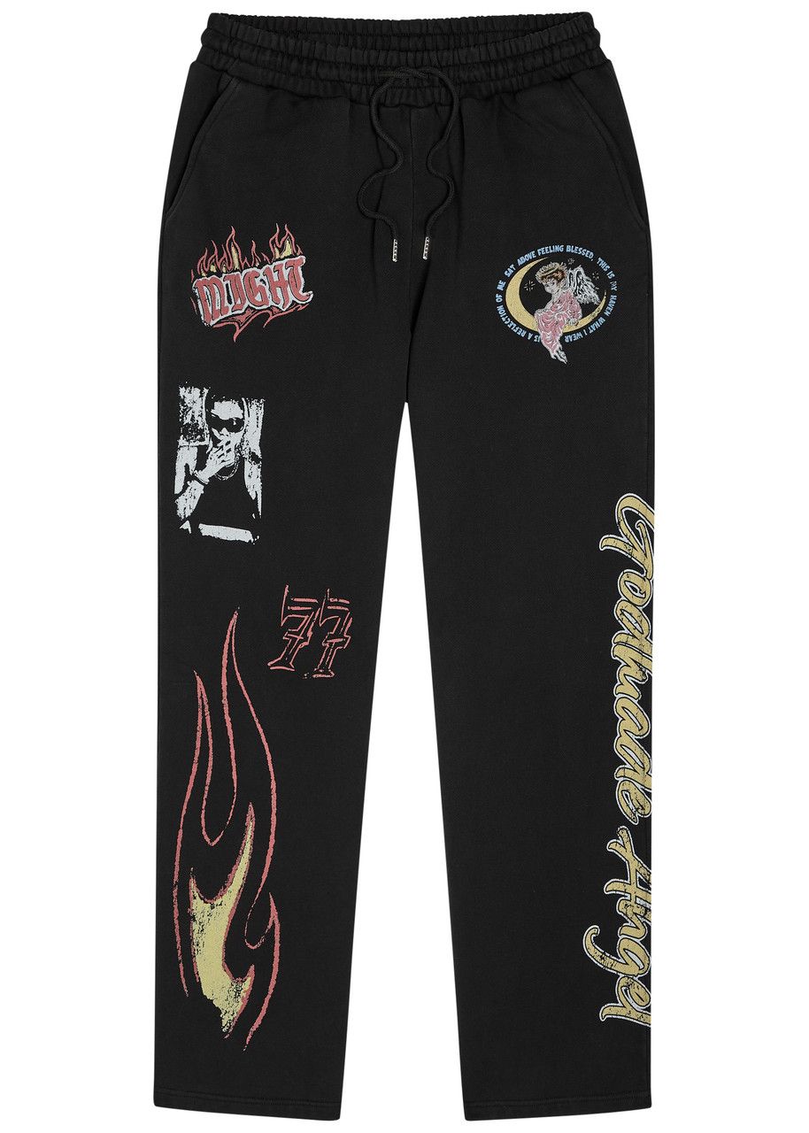 God Made Angel Printed Straight-leg Cotton Sweatpants – Black – XL